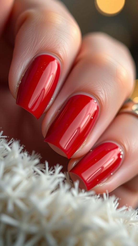 Close-up of classy red Christmas nails with a glossy finish and glitter accents.